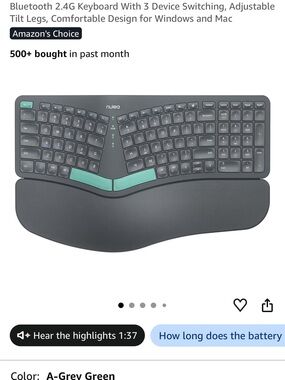 Ergonomic Split Wireless Keyboard with Palm Rest — Grey and Green